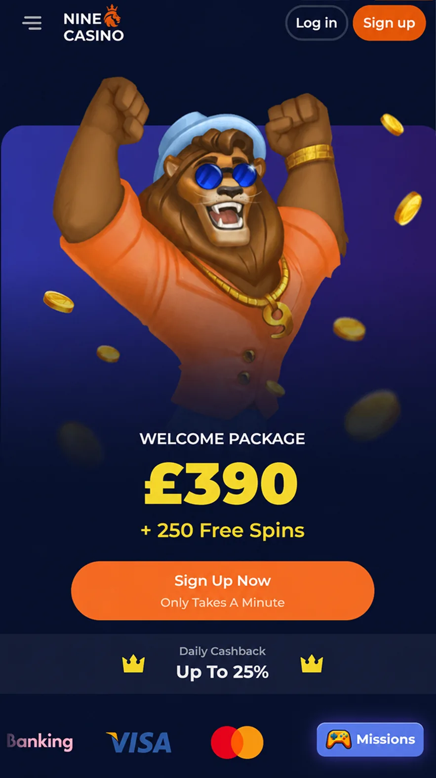 Nine Casino mobile app screen