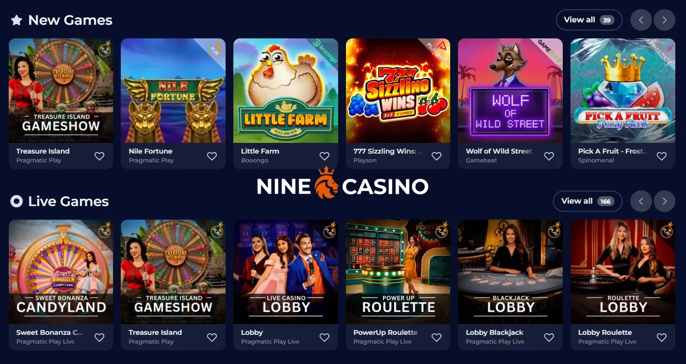 Nine Casino game lobby with featured casino titles