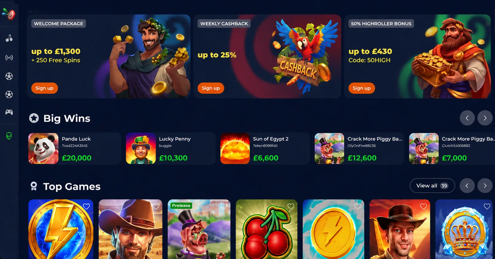 Nine Casino promotion lobby with bonus tiles