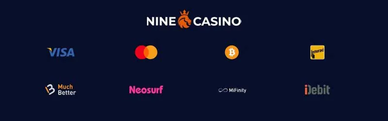 Nine Casino payment methods shown on the site