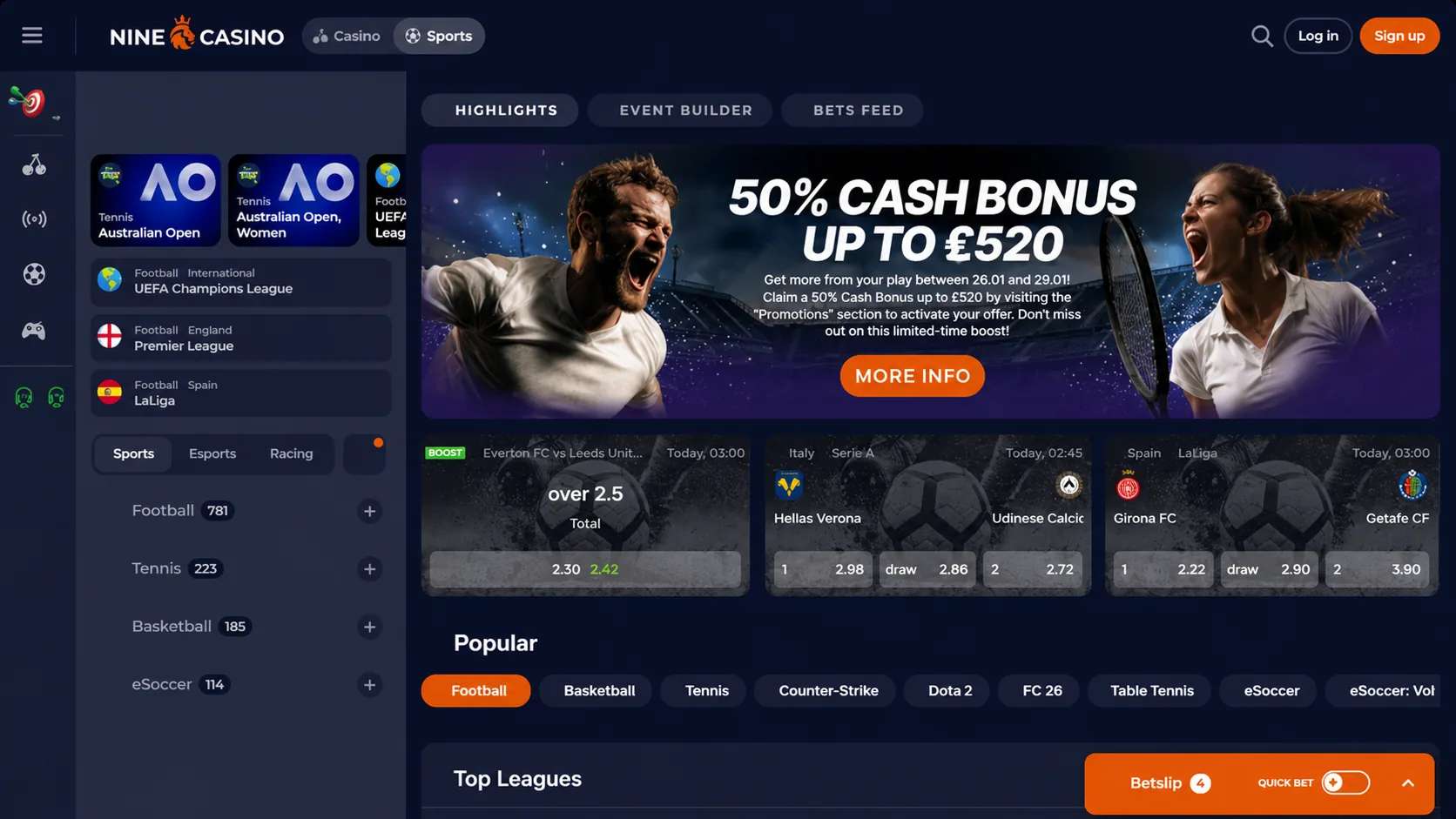 Nine Casino sportsbook screen with betting markets