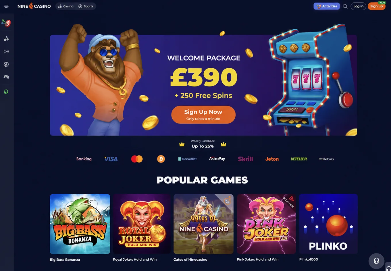 Nine Casino lobby with casino and sports sections