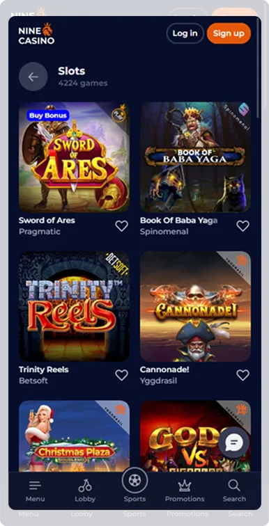 Nine Casino iPhone app account screen