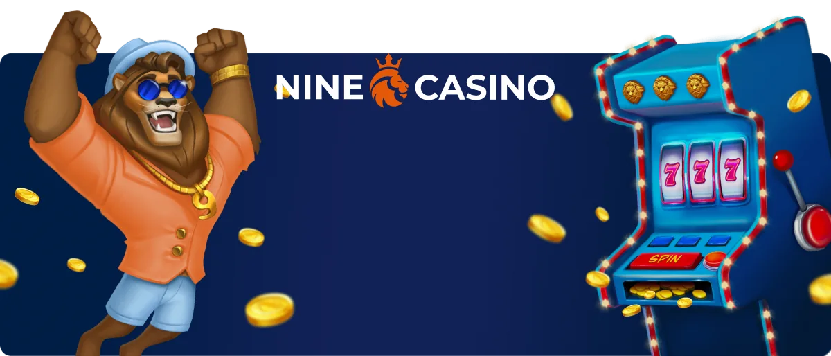 Nine Casino welcome package with lion mascot and slot machine